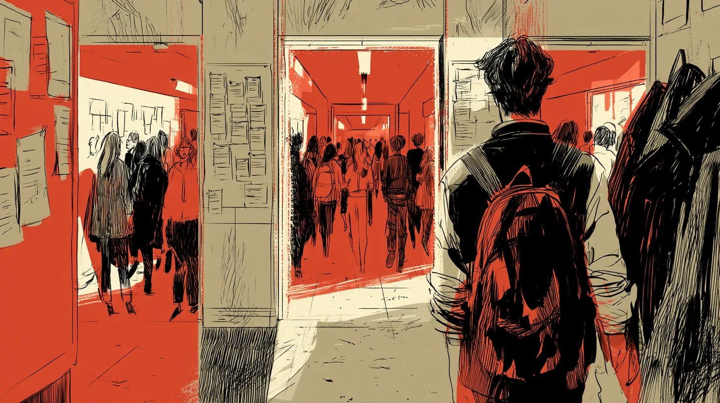 Молодой человек с рюкзаком входит в оживлённый университетский вестибюль, откуда в разные стороны расходятся коридоры