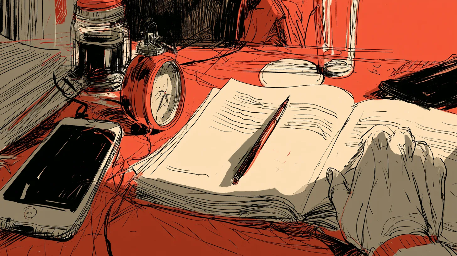 Кухонный таймер, раскрытая книга и ручка на столе, телефон лежит экраном вниз в дальнем углу