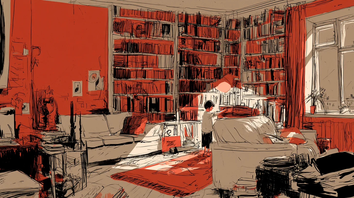 Скромная советская гостиная, одна стена — полка до потолка, ребёнок снимает книгу с нижней полки