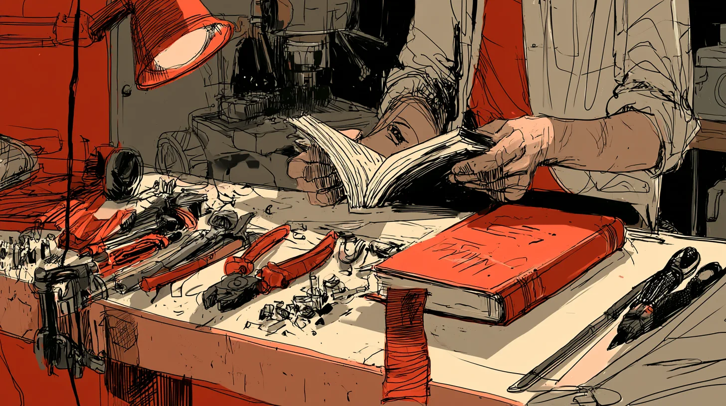 Верстак: инструменты разложены, среди них лежит зачитанная книга с закладкой, хозяин читает в перерыве, не отмыв рук