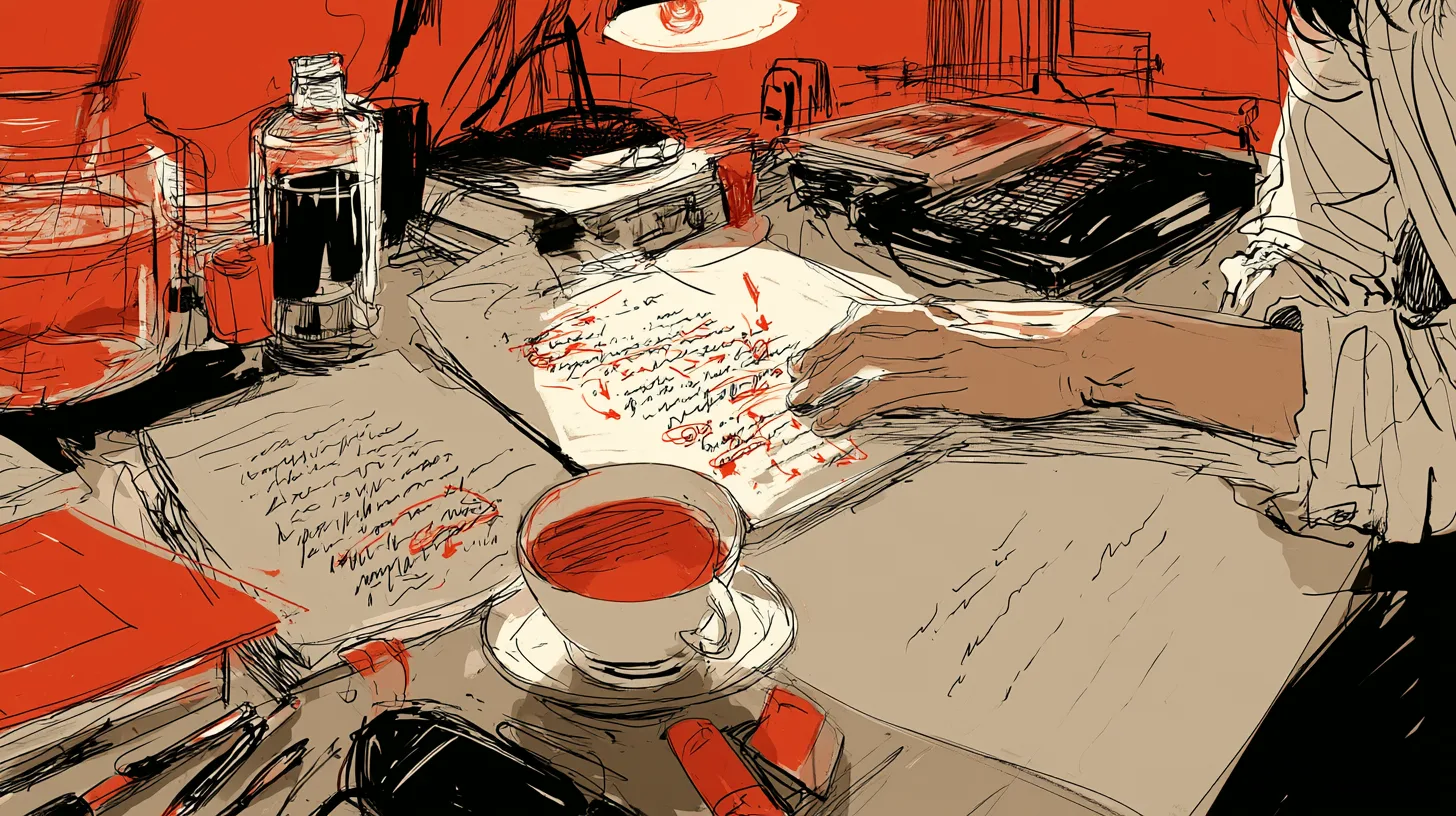 Стол ночью: черновик, исчёрканный собственной рукой, рядом начат новый лист, чай давно остыл