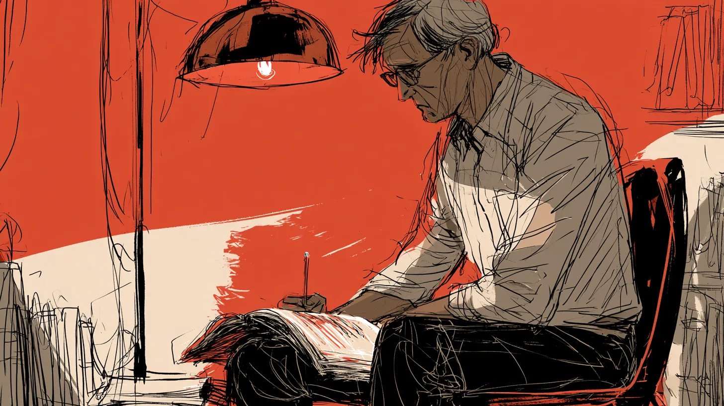 Человек постарше перечитывает ту же зачитанную книгу и подчёркивает строку рядом со своей давней пометкой